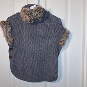 Aspen Kids Gray Sweater Poncho With Fur Ear Muffs Small